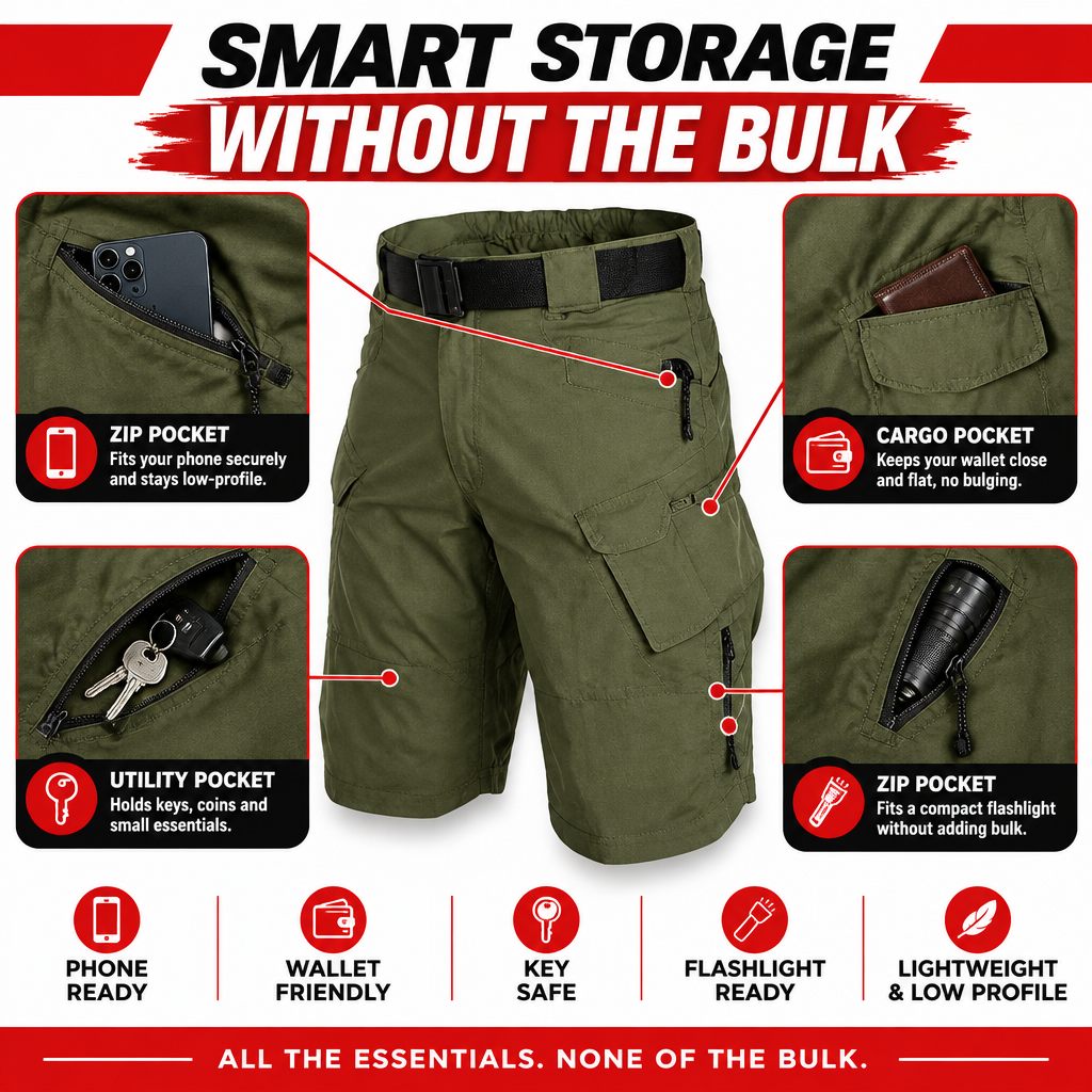 Outdoor cargo shorts pocket storage explanation