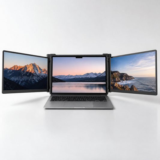 Portable laptop screen extender with dual side monitors on white studio background