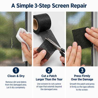 Self-Adhesive Window Screen Repair Tape - 3 step use