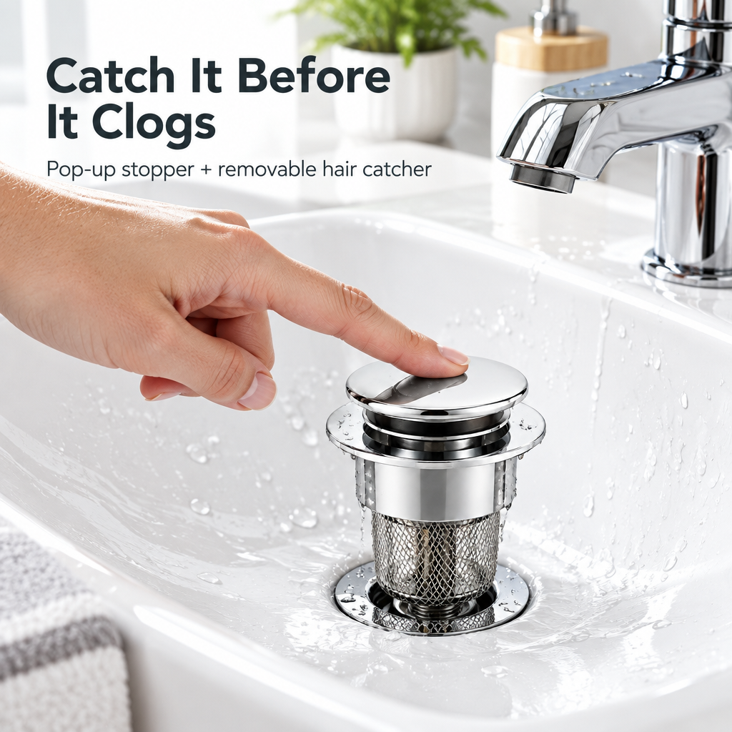 3-in-1 Pop-Up Bathroom Sink Strainer with Hair Catcher - hero