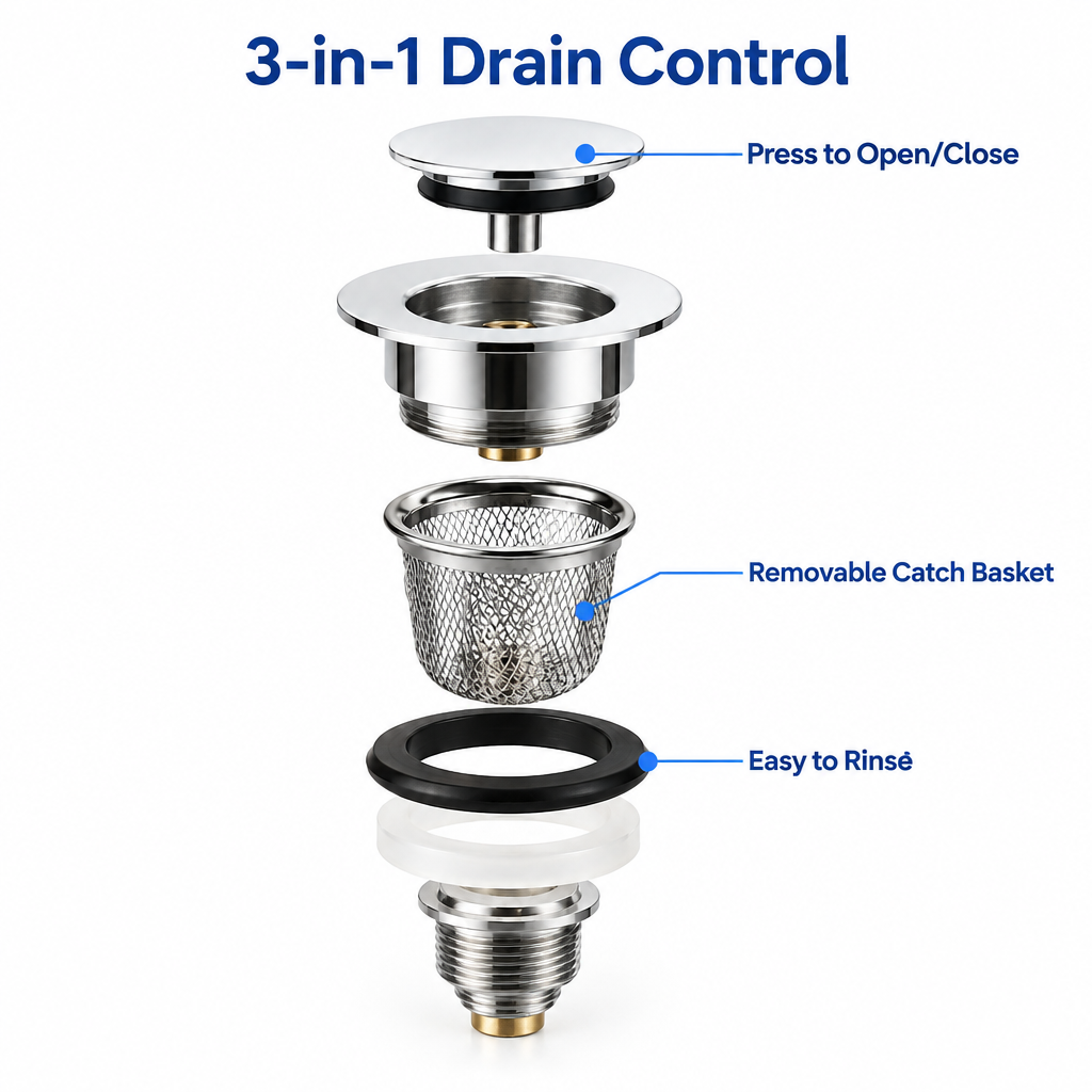 3-in-1 Pop-Up Bathroom Sink Strainer with Hair Catcher - feature detail