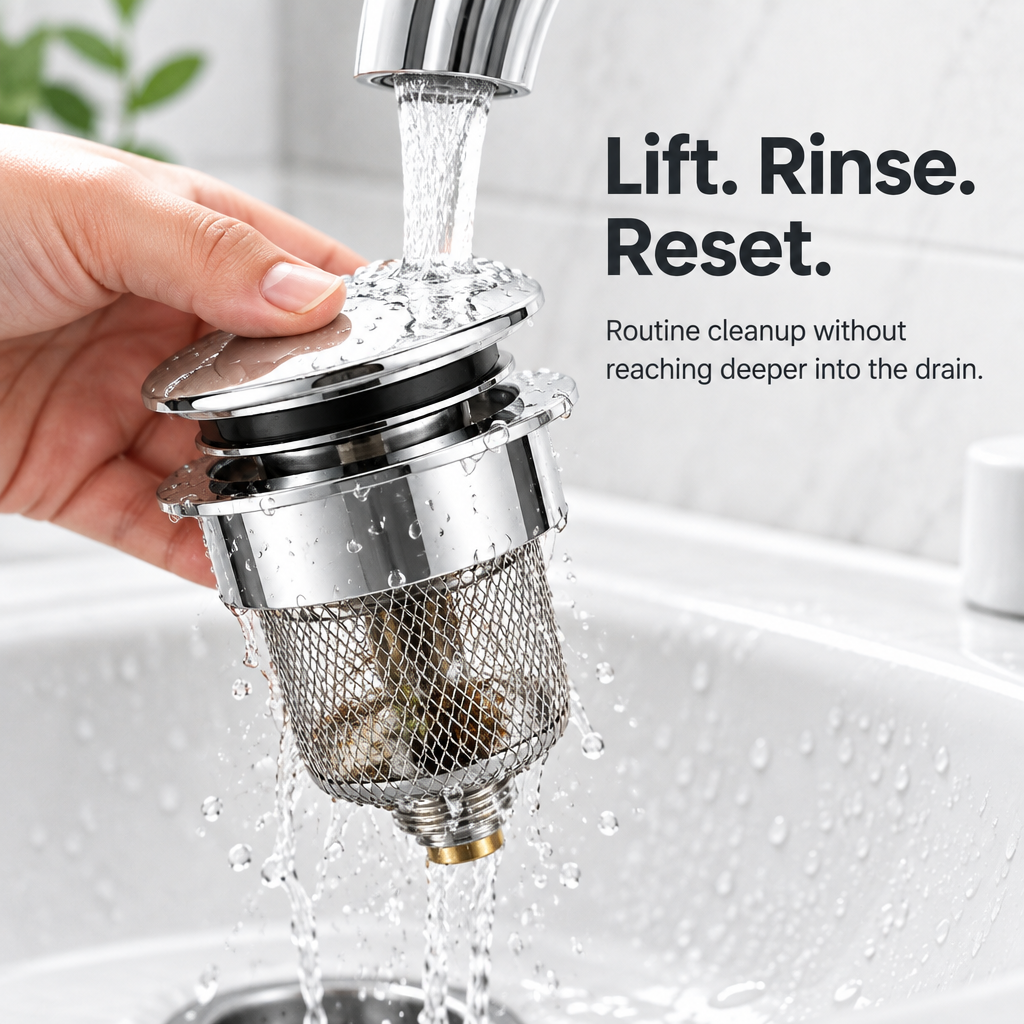 3-in-1 Pop-Up Bathroom Sink Strainer with Hair Catcher - lifestyle use