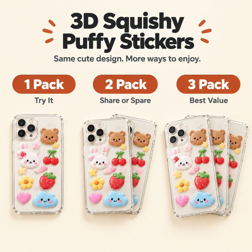 3D Squishy Puffy Stickers - 1 pack 2 pack 3 pack options