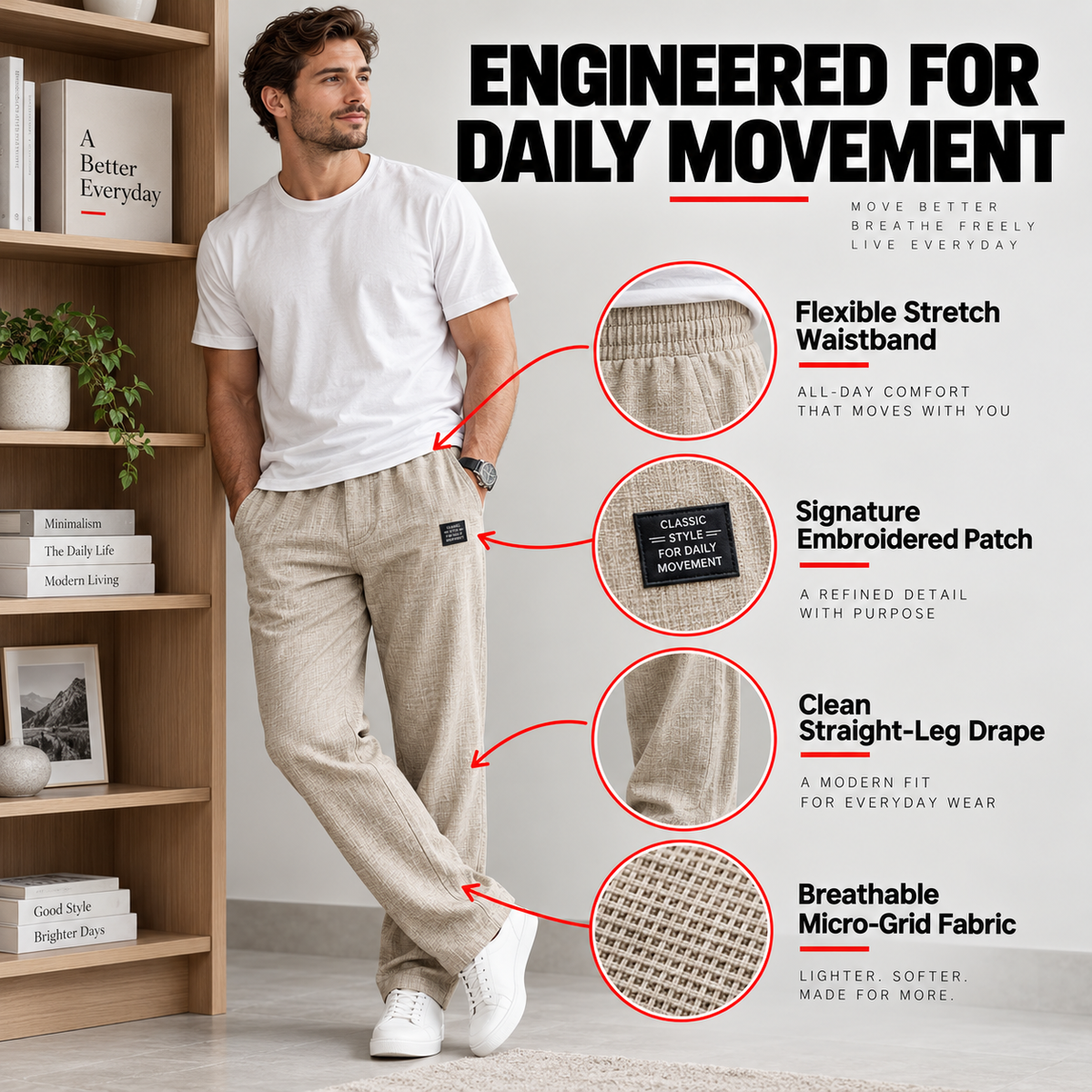 Breathable trousers daily movement feature infographic