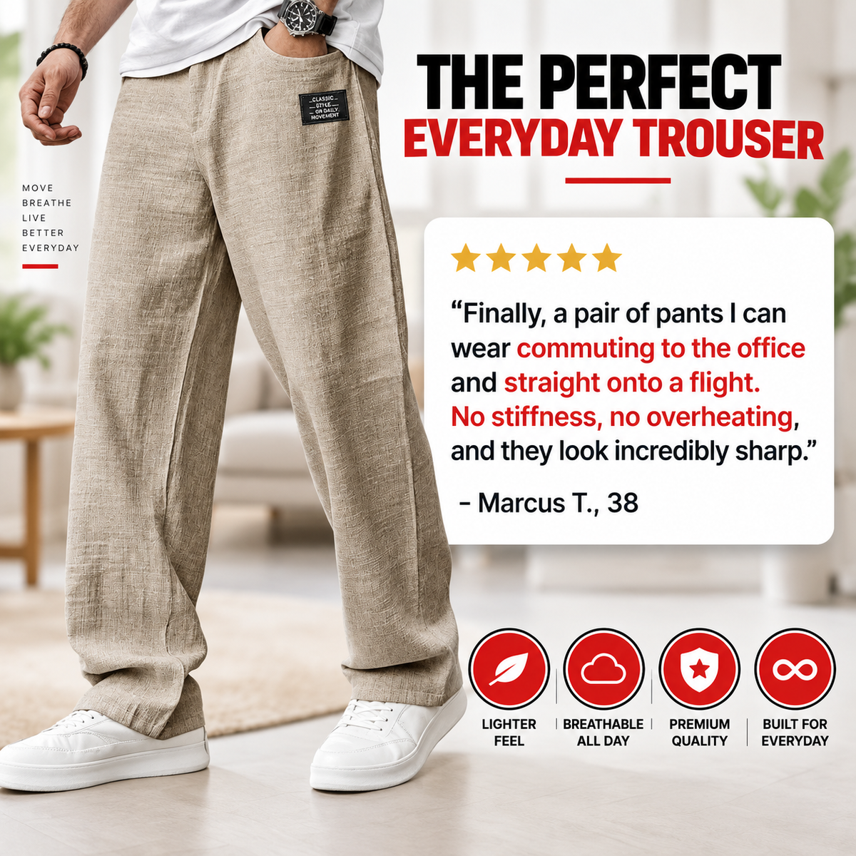 Breathable straight-leg trousers testimonial graphic