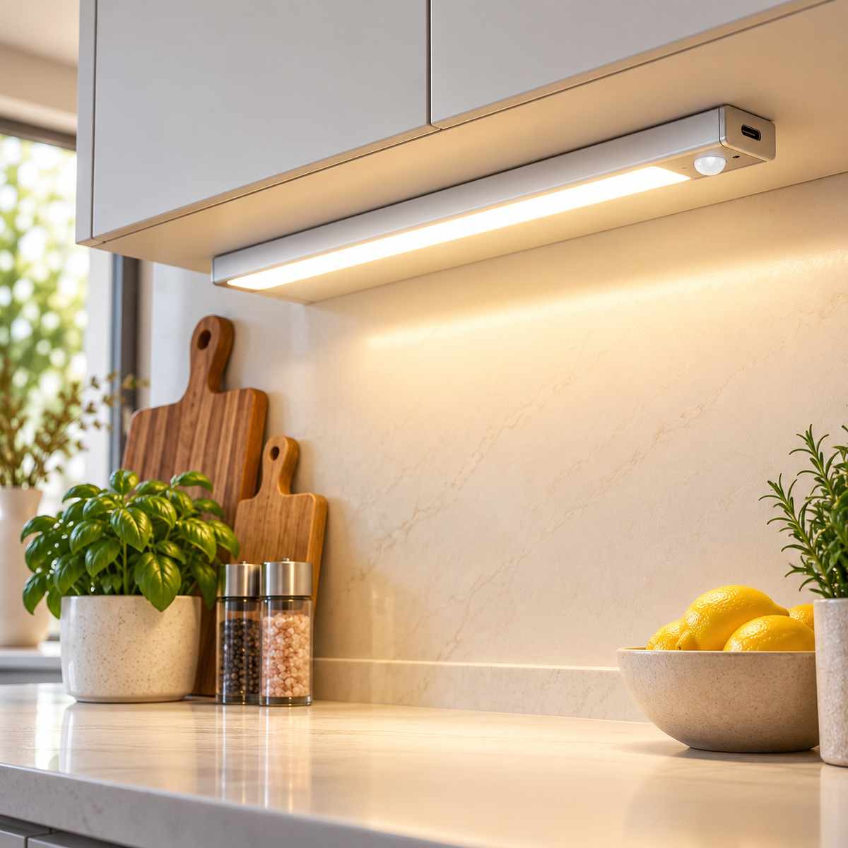 Motion sensor under-cabinet light illuminating a modern kitchen countertop