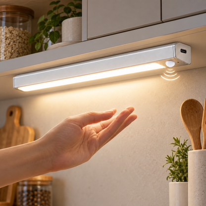 Hands-free motion activated under-cabinet light in use