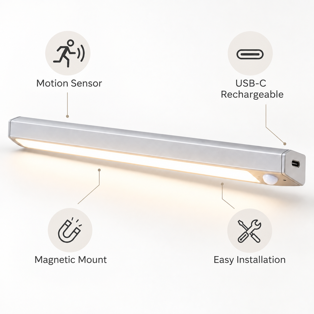 Under-cabinet light features including motion sensor USB-C charging magnetic mount and easy installation