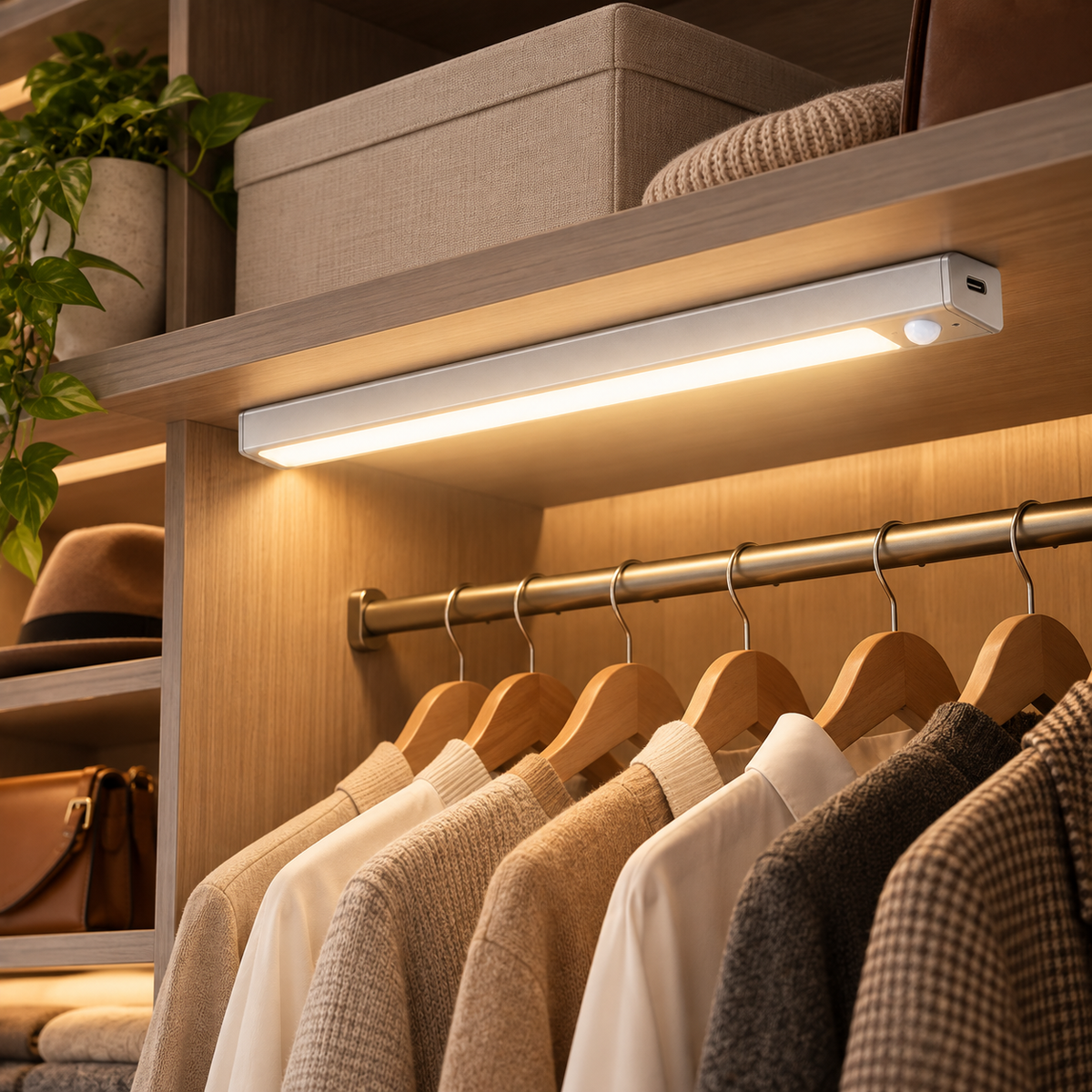 Rechargeable motion sensor light installed inside a wardrobe