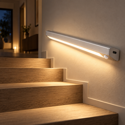 Motion sensor LED light illuminating stairs at night