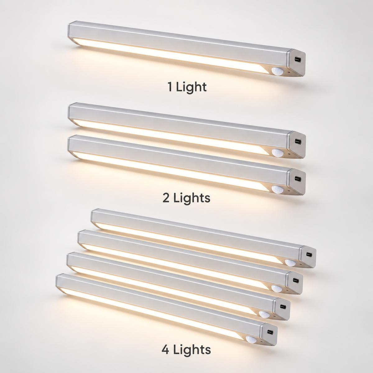 Under-cabinet LED light bundle options with one two and four light packs