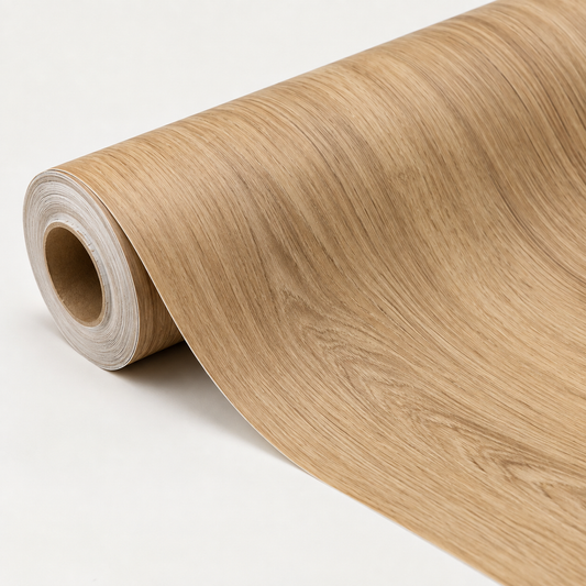 Natural wood peel and stick wallpaper roll on a clean studio background