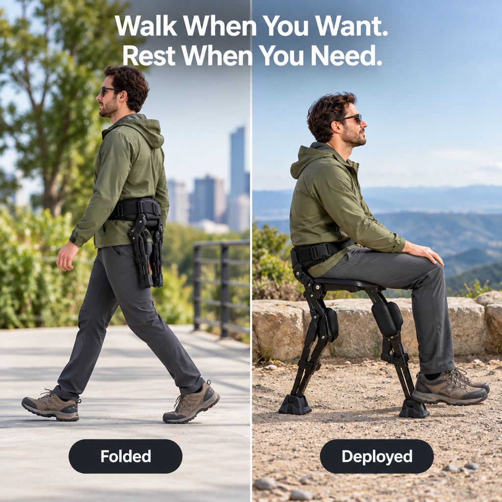 Wearable Folding Seat - folded versus deployed