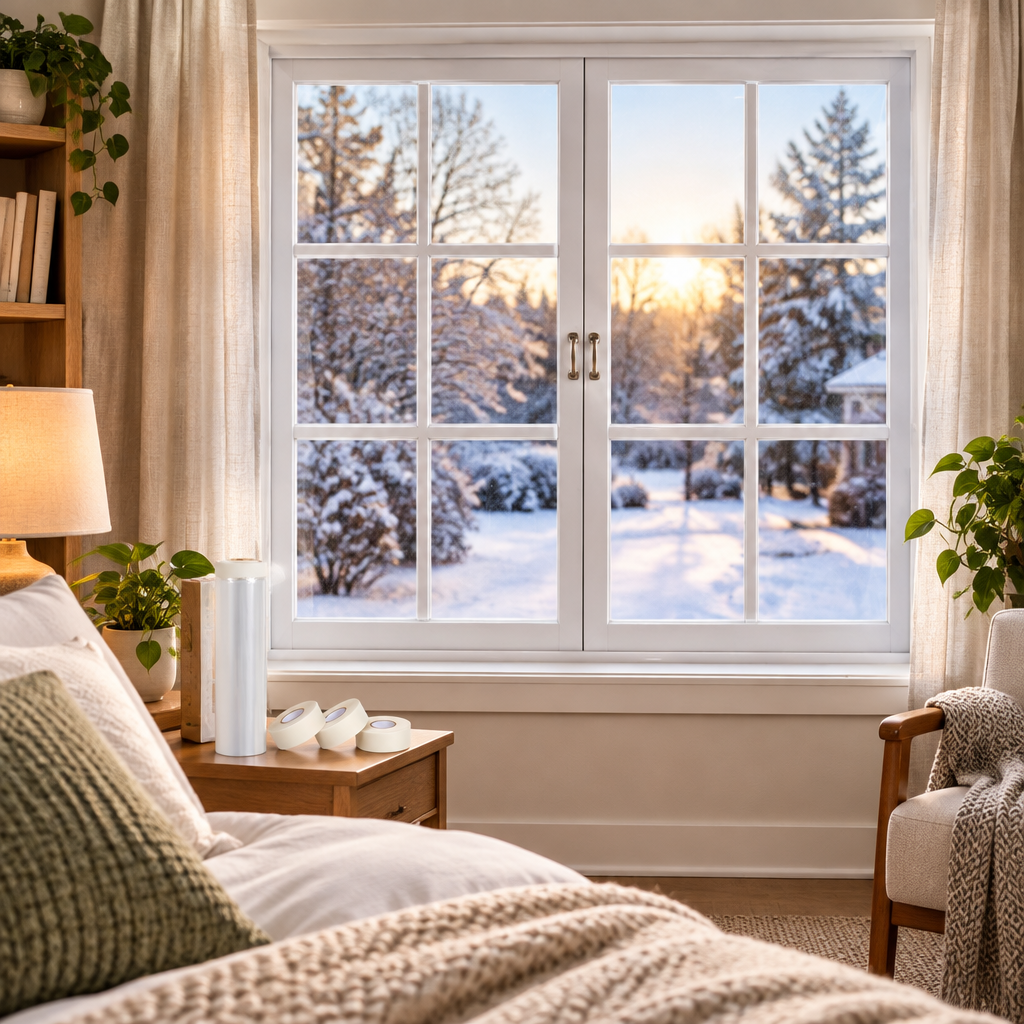Winter window insulation film in home interior